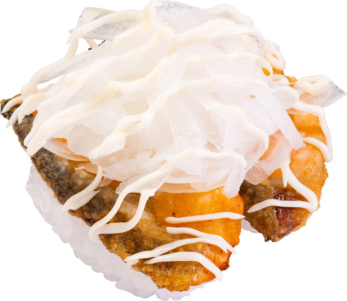 店内揚げ「たっぷりオニオンの秋鮭唐揚げにぎりマヨ」（2貫187円）