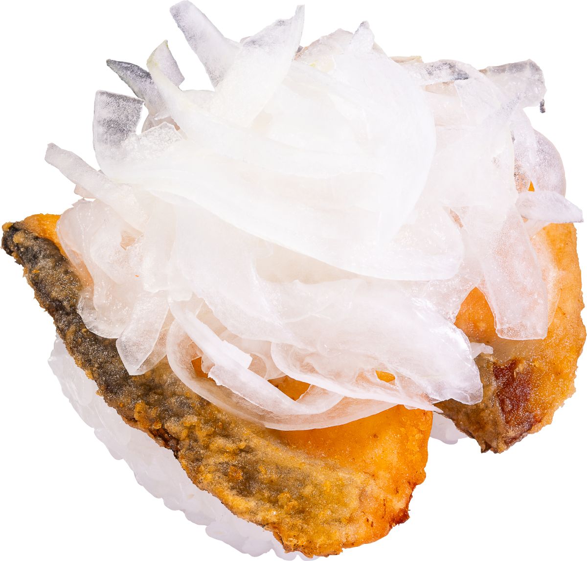 店内揚げ「たっぷりオニオンの秋鮭唐揚げにぎり」（2貫187円）