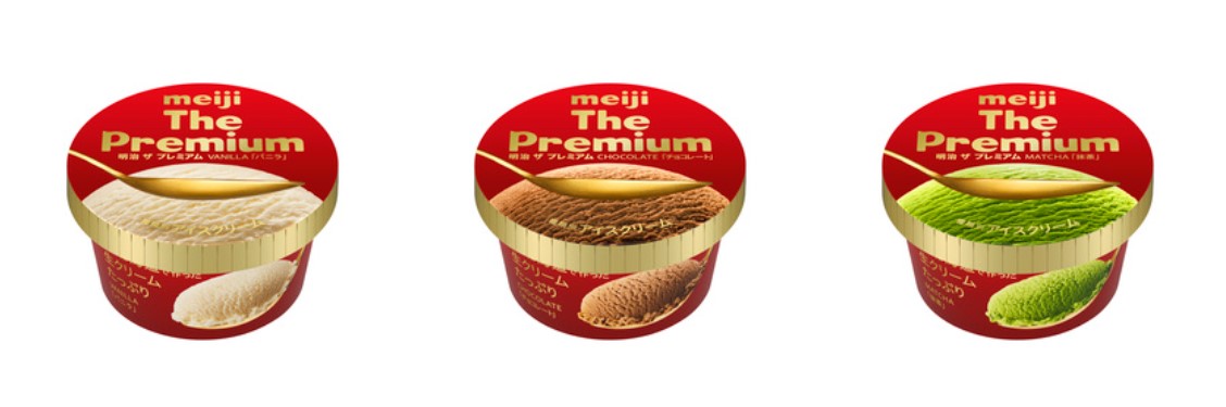 左から「明治 The Premium バニラ」「明治 The Premium チョコレート」「明治 The Premium 抹茶」