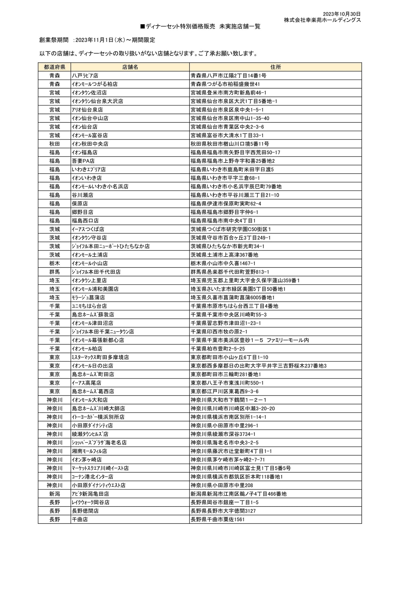 「ディナーセット」販売対象外店舗