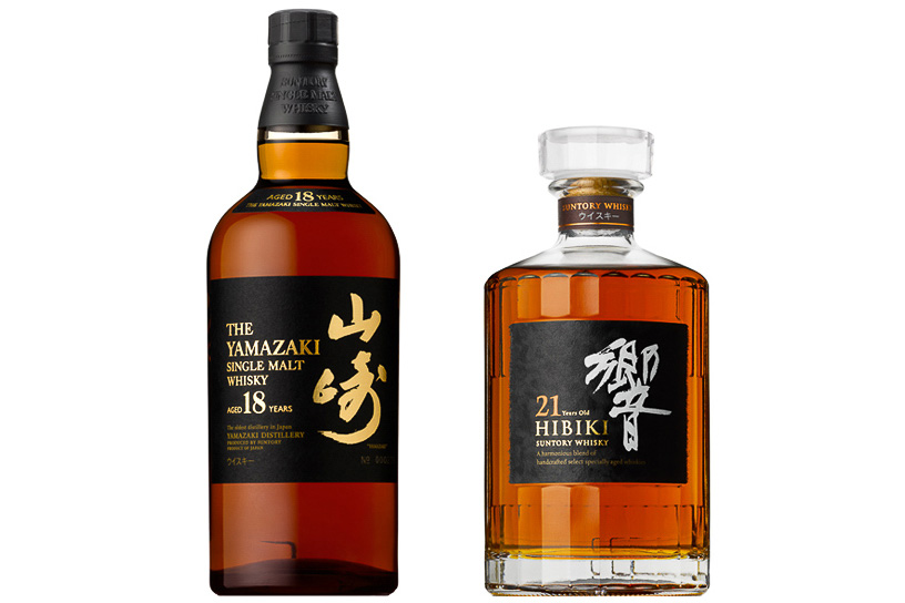 サントリー「シングルモルトウイスキー 山崎18年」（左）と「ウイスキー響21年」（右）