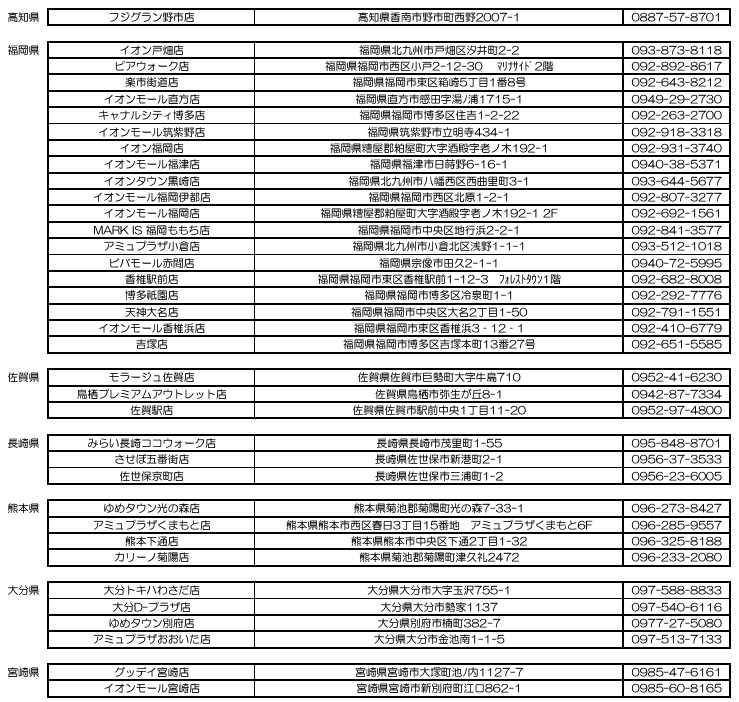 高知県/福岡県/佐賀県/長崎県/熊本県/大分県/宮崎県