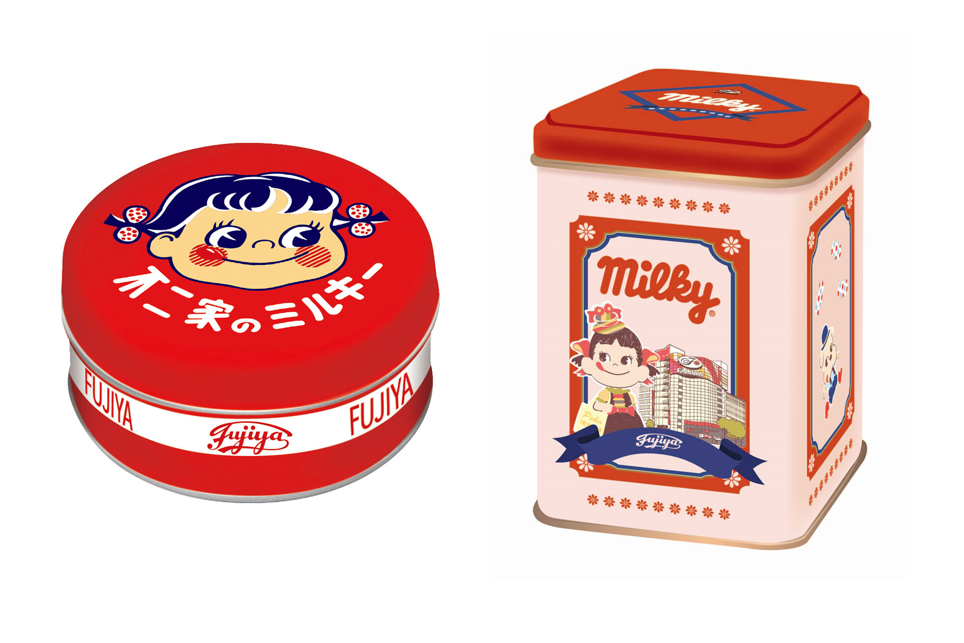 「ミルキー缶（ホーロー看板デザイン）」（660円）、「ミルキー缶（銀座ペコちゃんデザイン）」（700円）