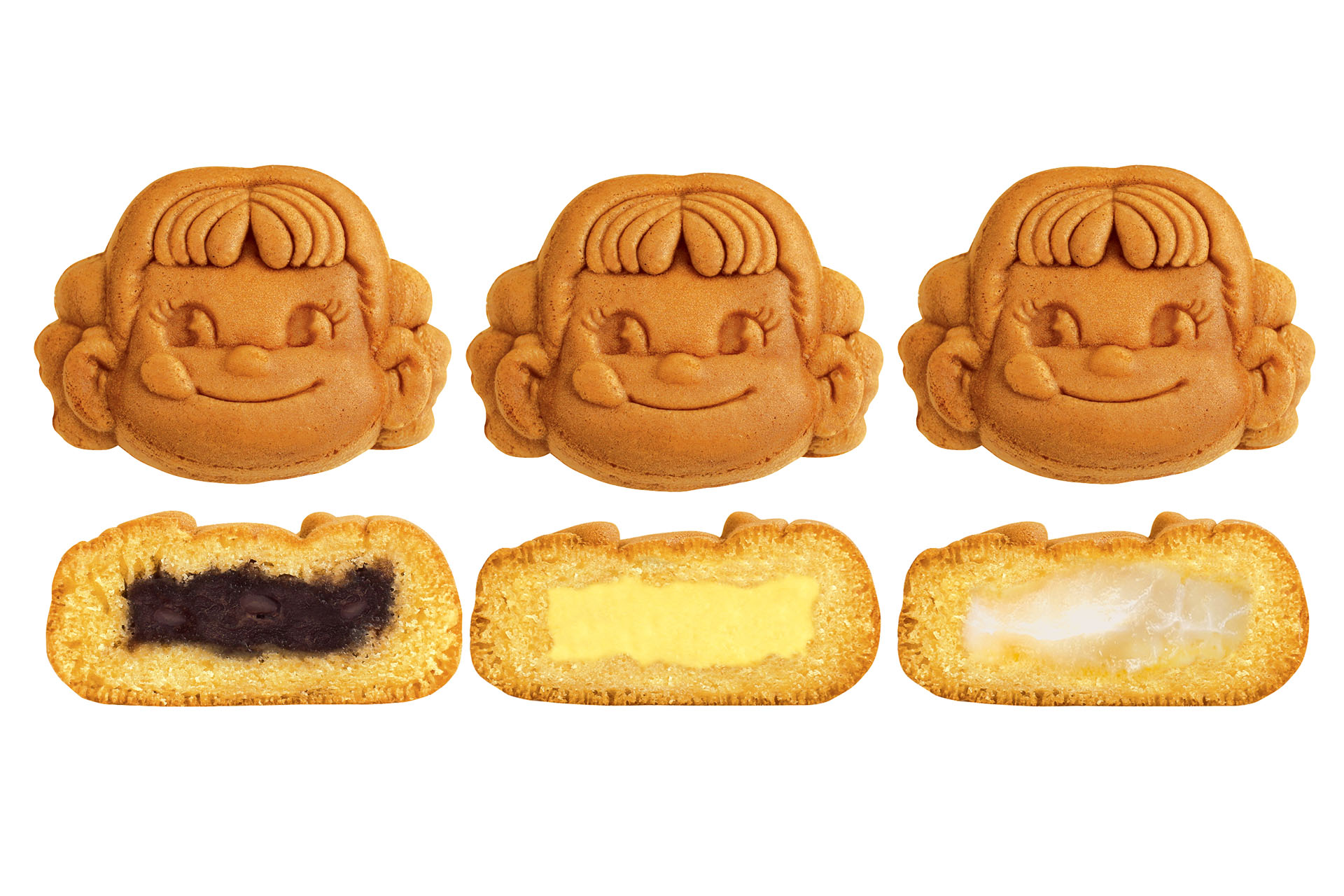 左からつぶあん、カスタード、ミルキー