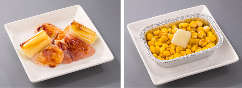 国産但馬鶏ねぎま 60g（280円）、焦がし醤油のコーンバター（280円）