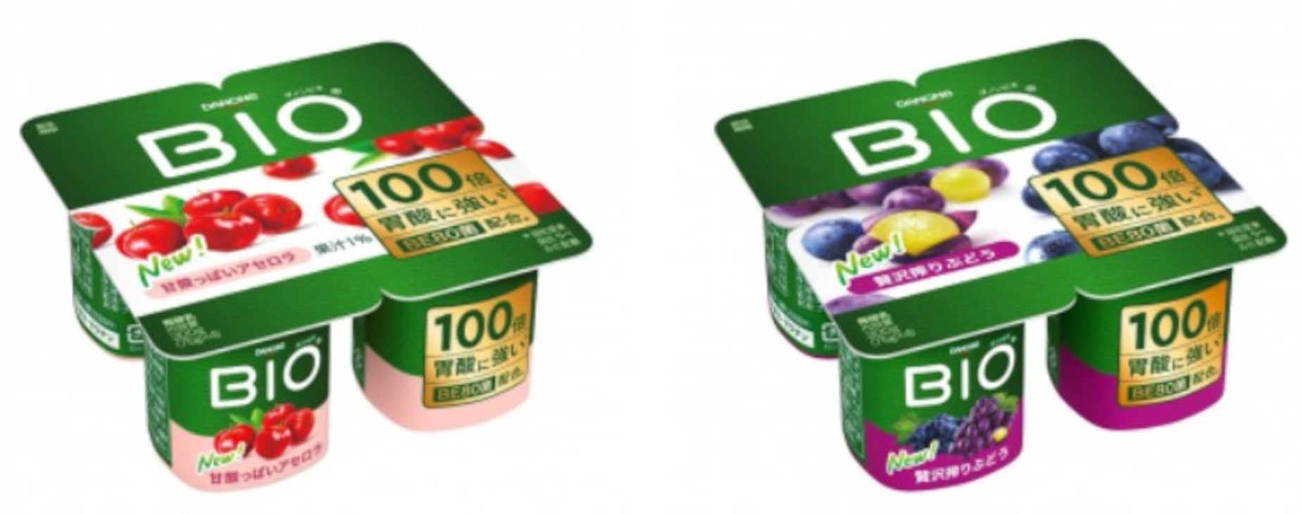 ダノンジャパン「ダノン ビオ 甘酸っぱいアセロラ」（左）と「ダノン ビオ 贅沢搾りぶどう」（右）