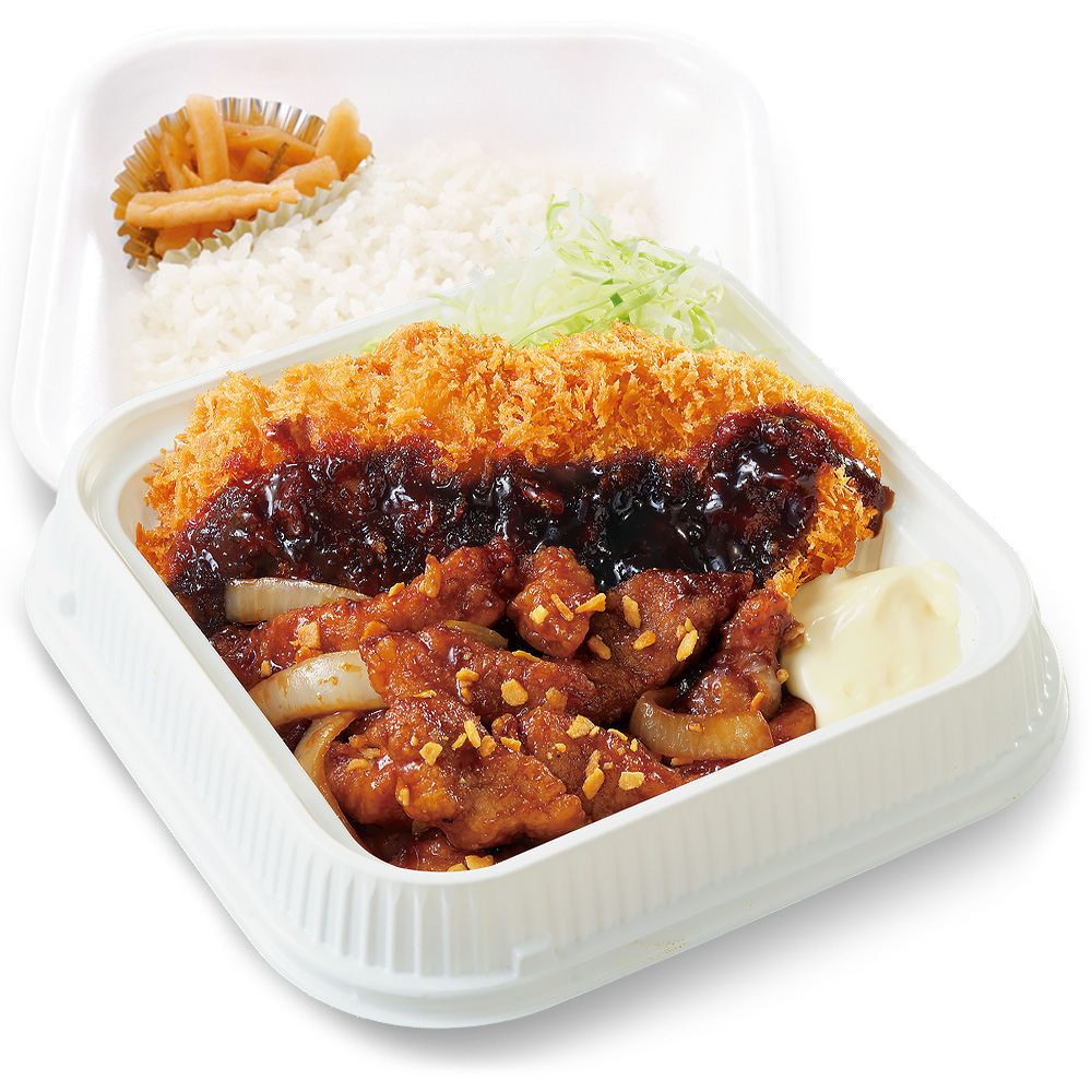 「トンテキとチキンカツの合い盛り丼弁当」（853円）