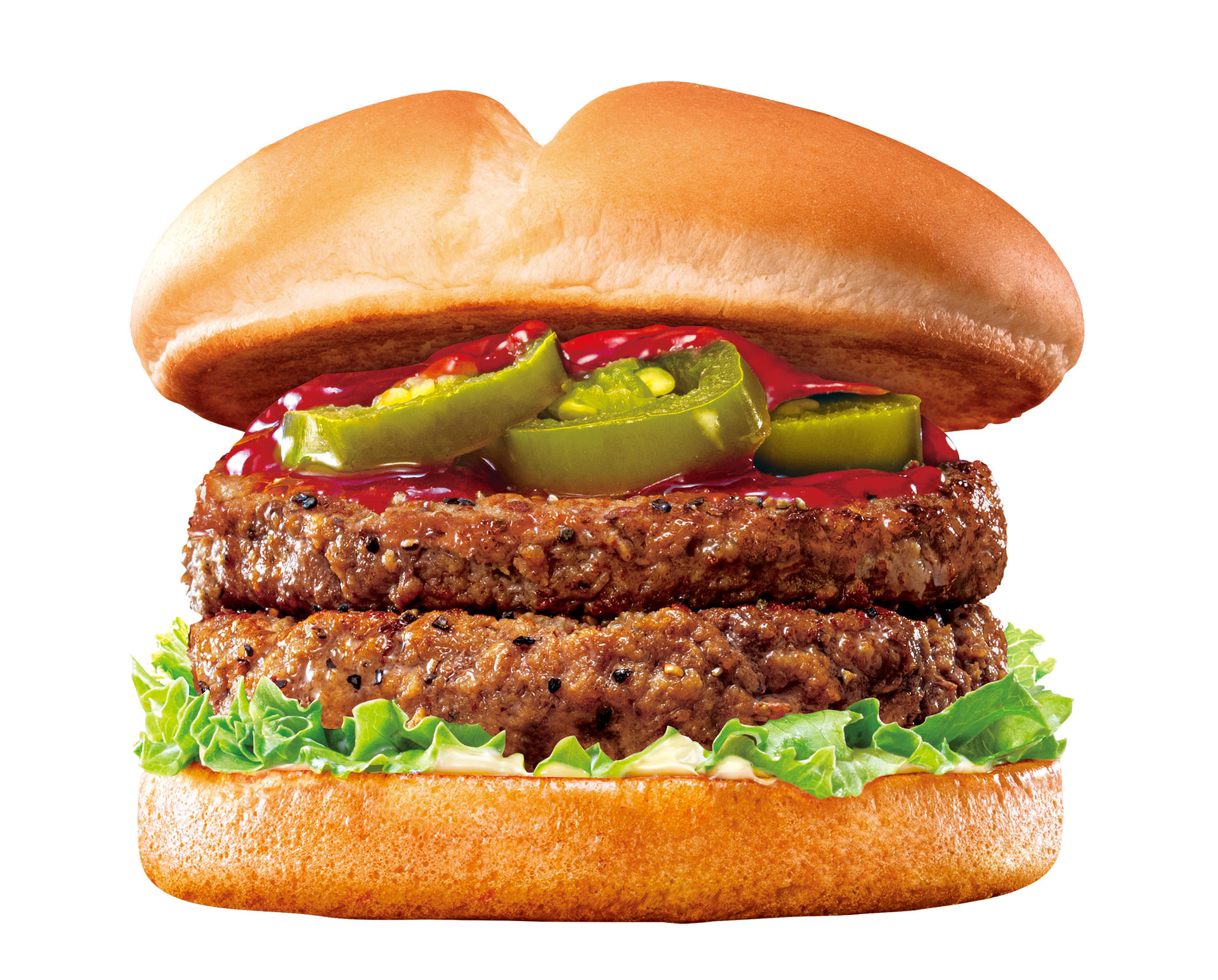 ダブル旨辛ビーフバーガー（590円/MMセット 940円）