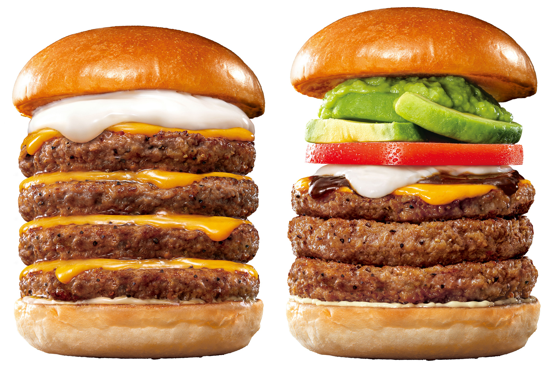 ロッテリア「キング 絶品チーズバーガー」（左）と「キング アボカド絶品チーズバーガー」（右）