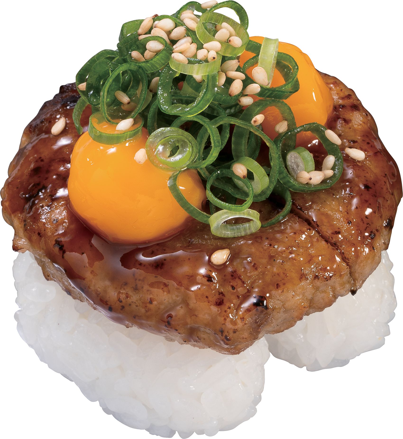 直火炙り 卵黄ソース使用「ハンバーグにぎり～月見仕立て～」（2貫330円）