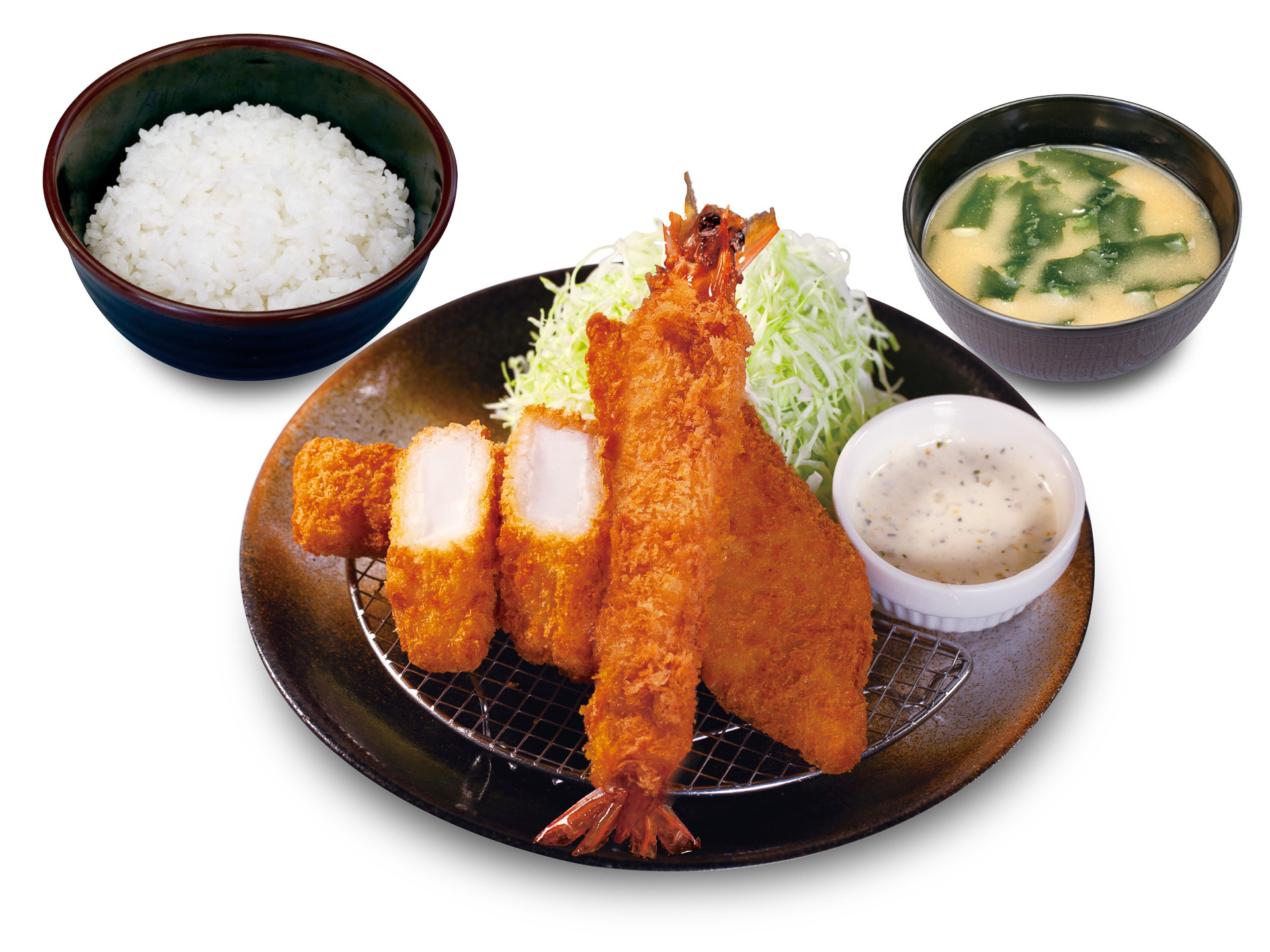 松のや「海鮮盛合せ定食（イカ・白身魚・有頭大海老）」（1190円）