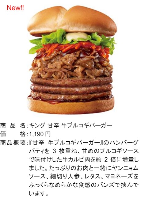 「キング 甘辛 牛プルコギバーガー」（1190円）