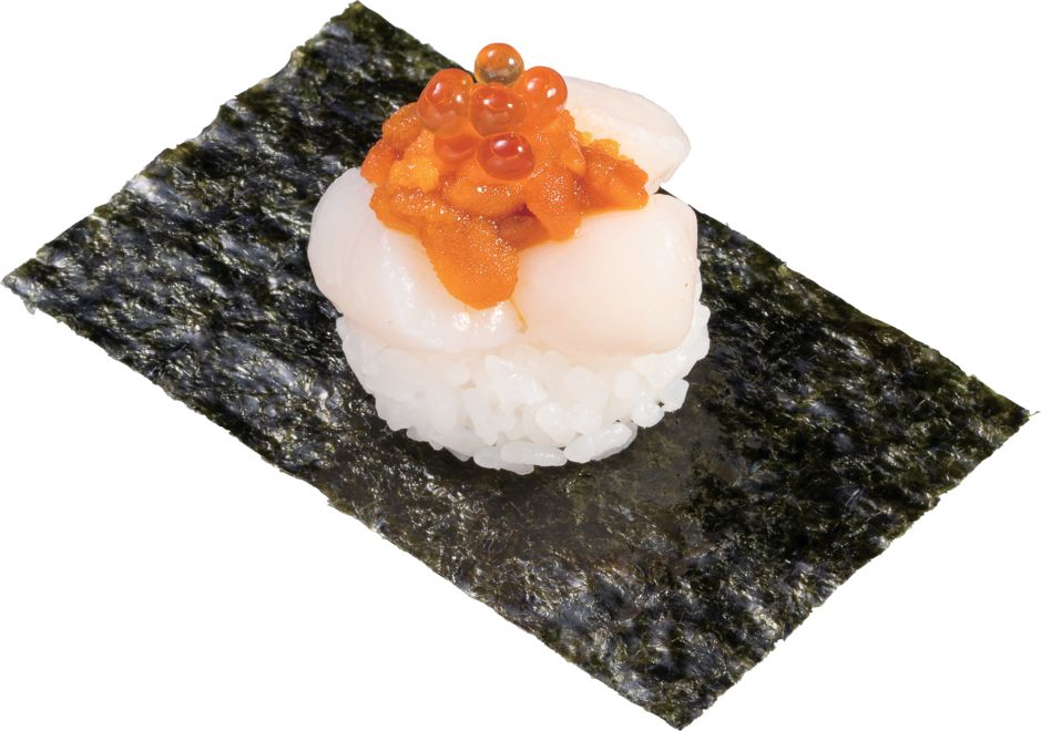 「バフンうにいくら生小柱包み」（1貫198円）