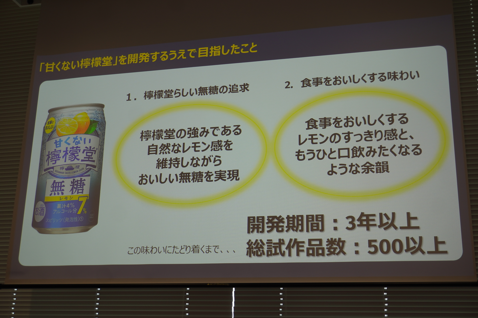 「甘くない檸檬堂」の味わいにいたるまで開発期間3年以上、総試作品数500以上だという