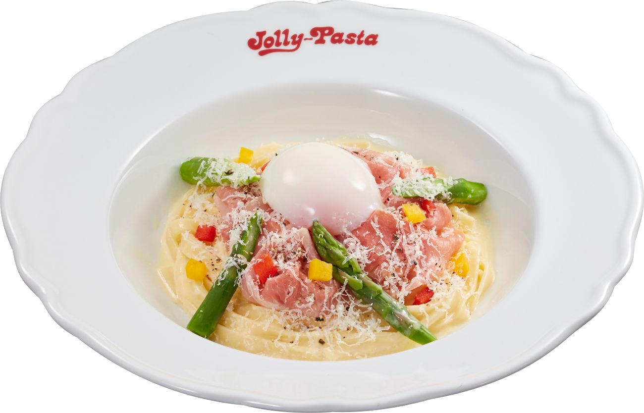 「“冷製フェットチーネ” 生ハムとグリーンアスパラのカルボナーラ～スープ仕立て～」（1309円）