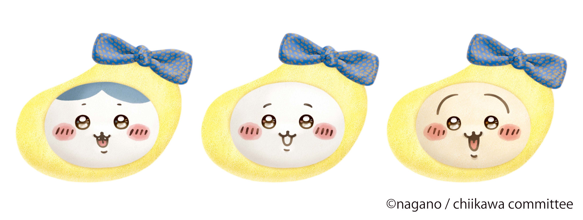 お菓子の個包装にはリボンのついた東京ばな奈のかぶりものをしたちいかわたちをデザイン