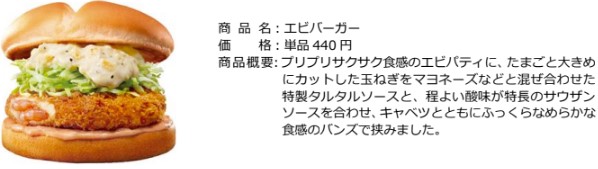 「エビバーガー」（単品440円）