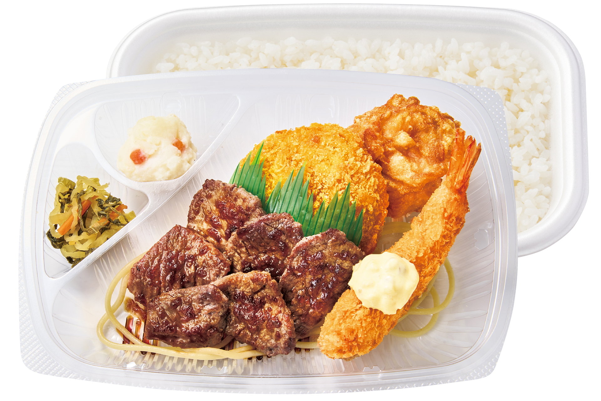 「カットステーキ＆ミックスフライ弁当」（820円）