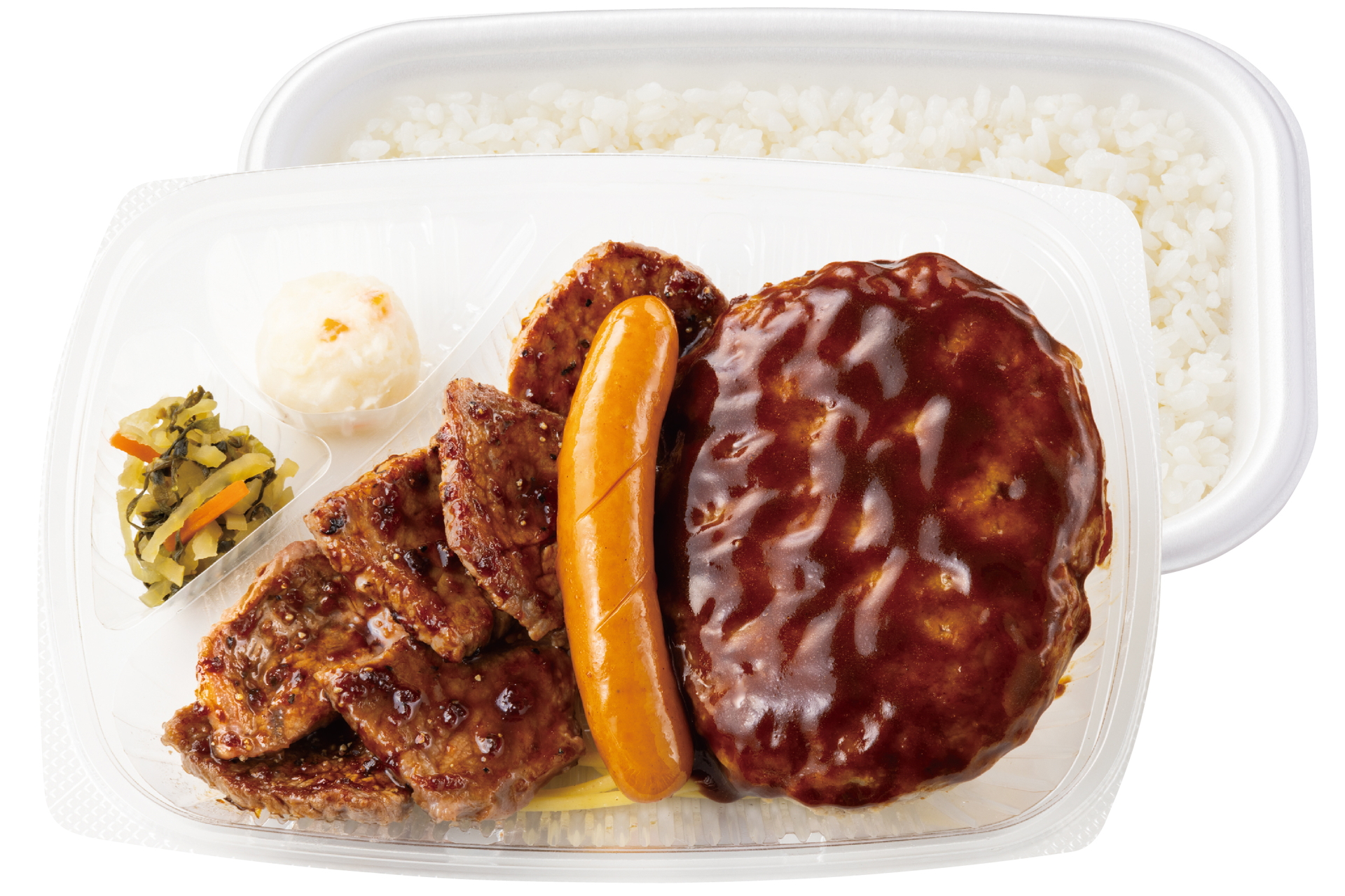 「ハンバーグ＆カットステーキ弁当（ウインナー付）」（990円）