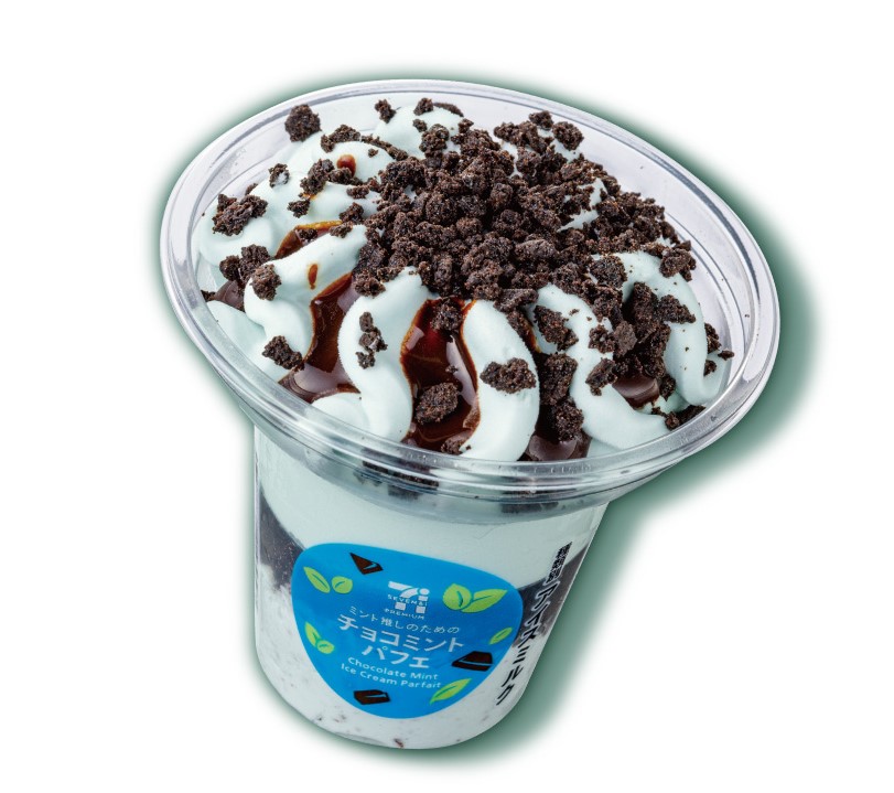 「7プレミアム ミント推しのためのチョコミントパフェ」（321円）