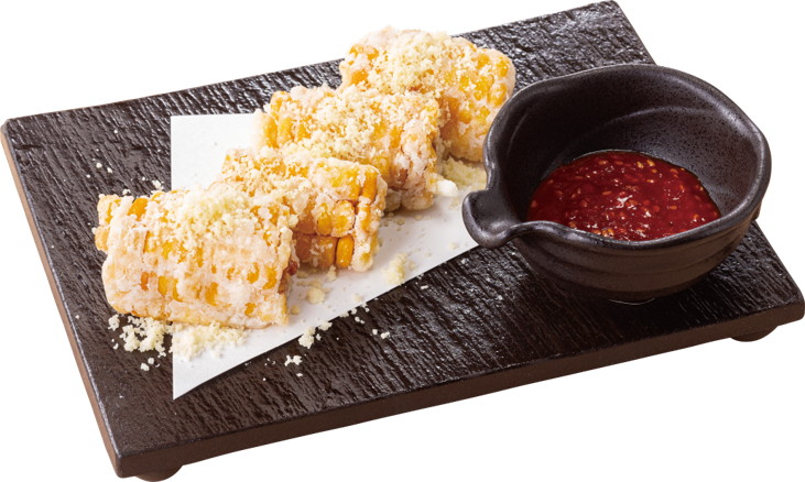「ヤンニョムソースで食べる、北海道産とうもろこしの唐揚げ」（429円）