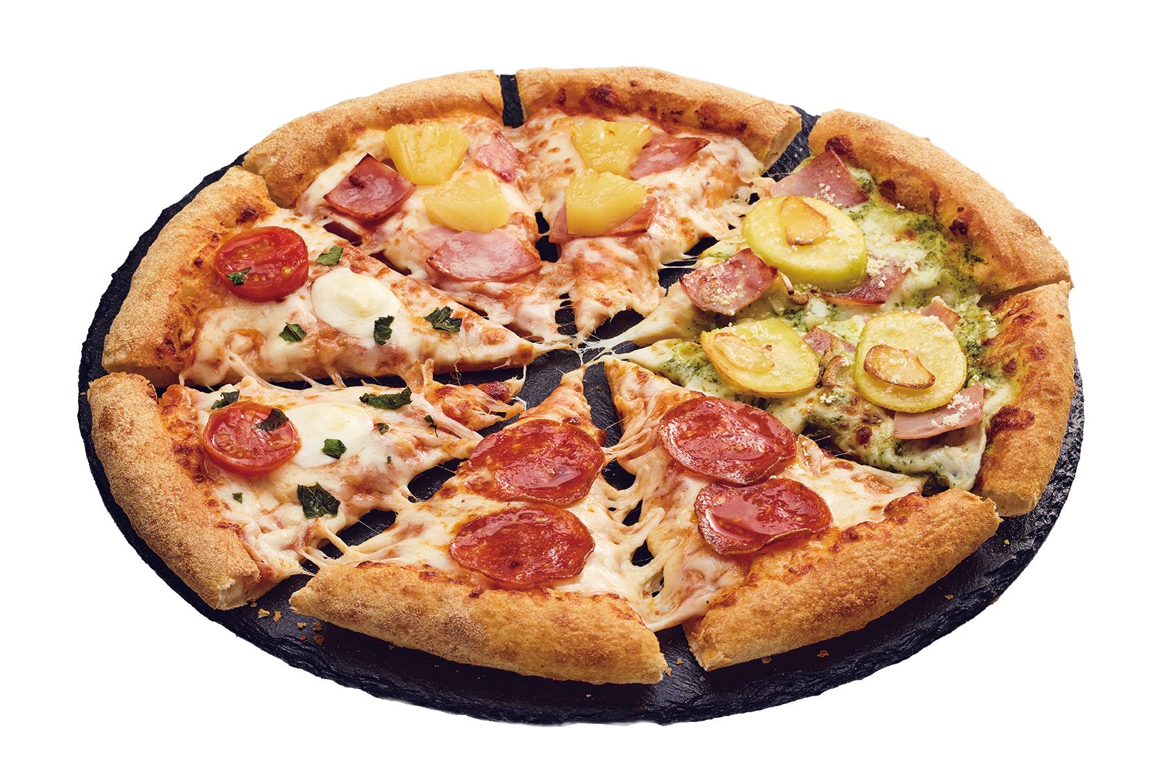 トロピカル、ジェノベーゼ、アメリカン、マルゲリータの定番人気の4つの味が1枚で楽しめる「クワトロ・ハッピー」