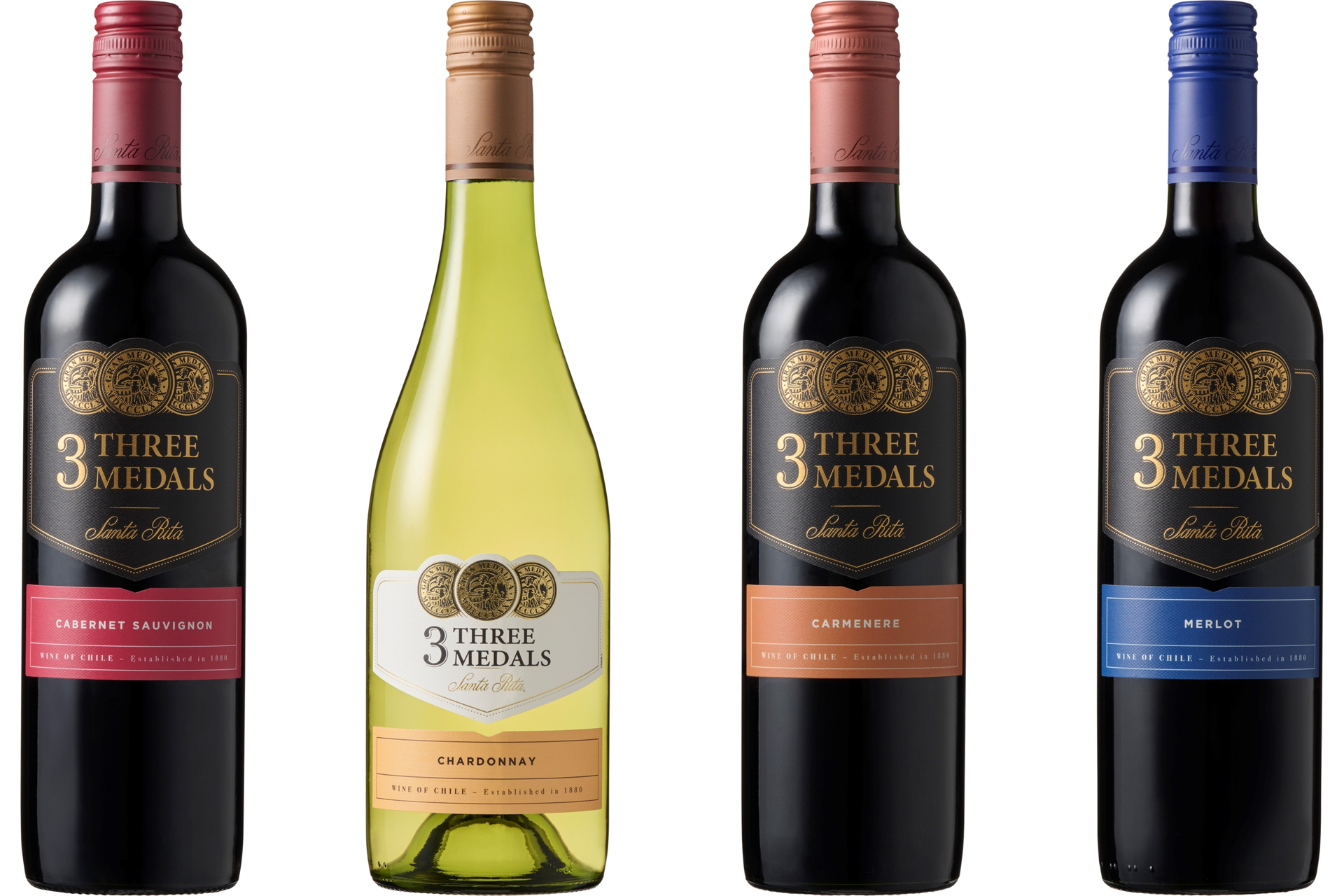 左からサンタ・リタの「カベルネ・ソーヴィニヨン」「シャルドネ」「カルメネール」「メルロー」