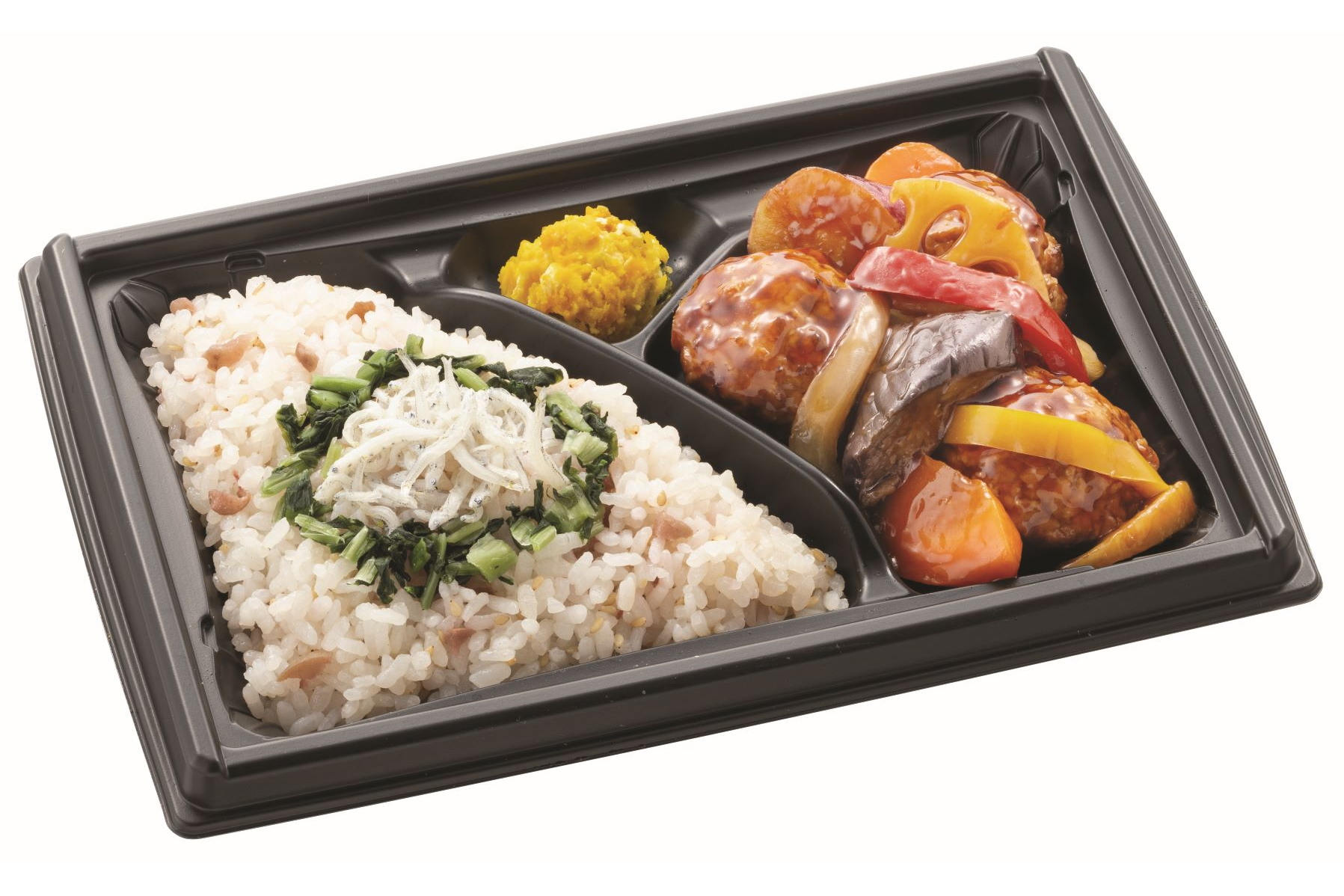 「愛知県産 奥三河どり・しらす 鶏つくねの黒酢あんと梅しらすごはん」（550円）