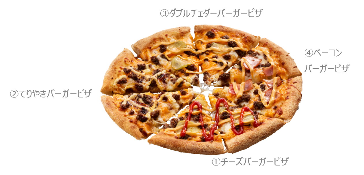 「チーズバーガークワトロ」はすべてのピースにお肉感あふれるビーフパティをトッピングしたクワトロ・ピザ