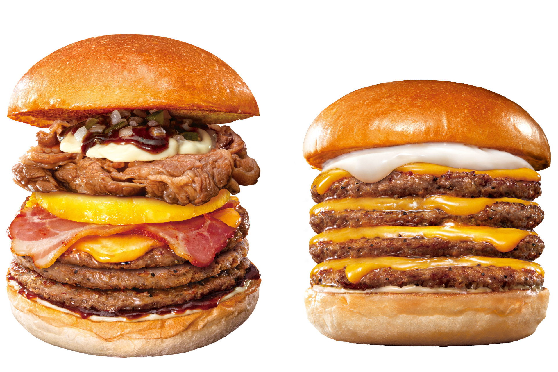 肉パティ3枚＆牛カルビの「キング牛カルビ BBQパイン絶品チーズバーガー」と肉パティ4枚の「キング 絶品チーズバーガー」