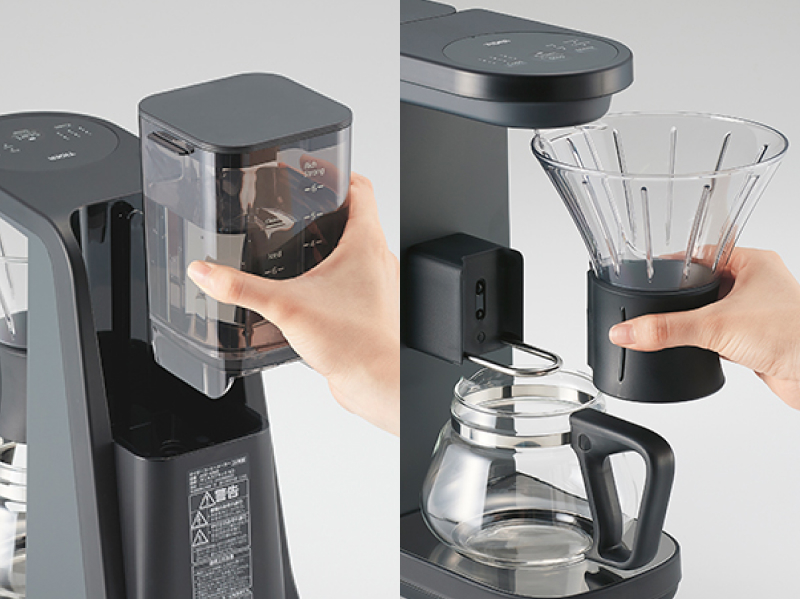 水タンクは持ち上げやすく、机に垂直に置けるフィルタはコーヒー粉を入れやすい