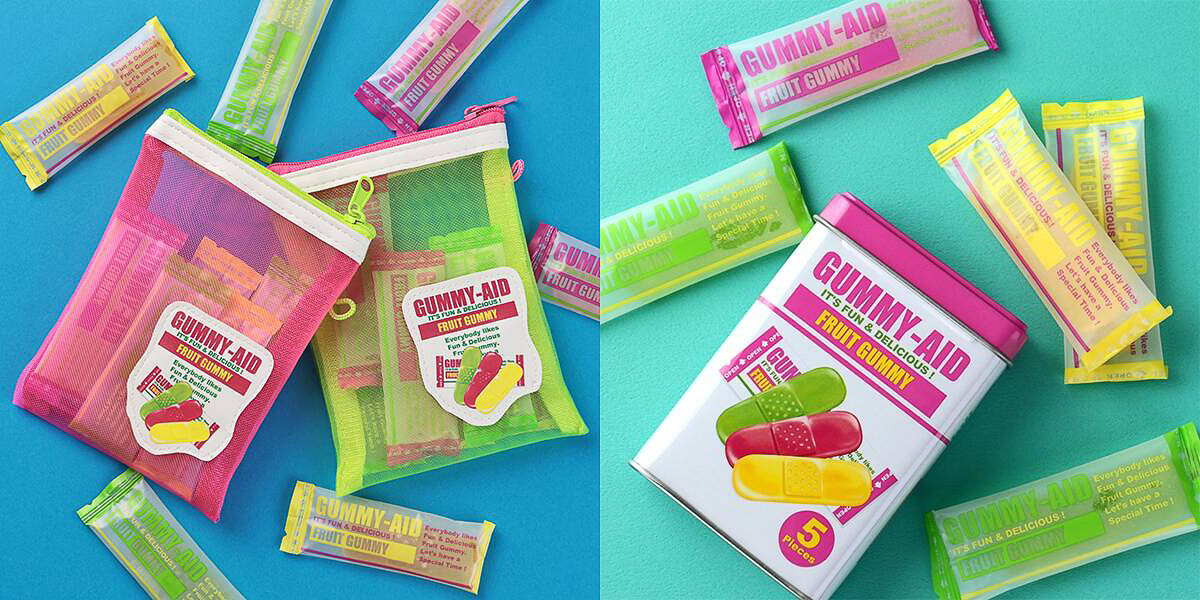 カルディコーヒーファーム「グミエイド メッシュポーチ」（左）と「グミエイド ティン」（右）