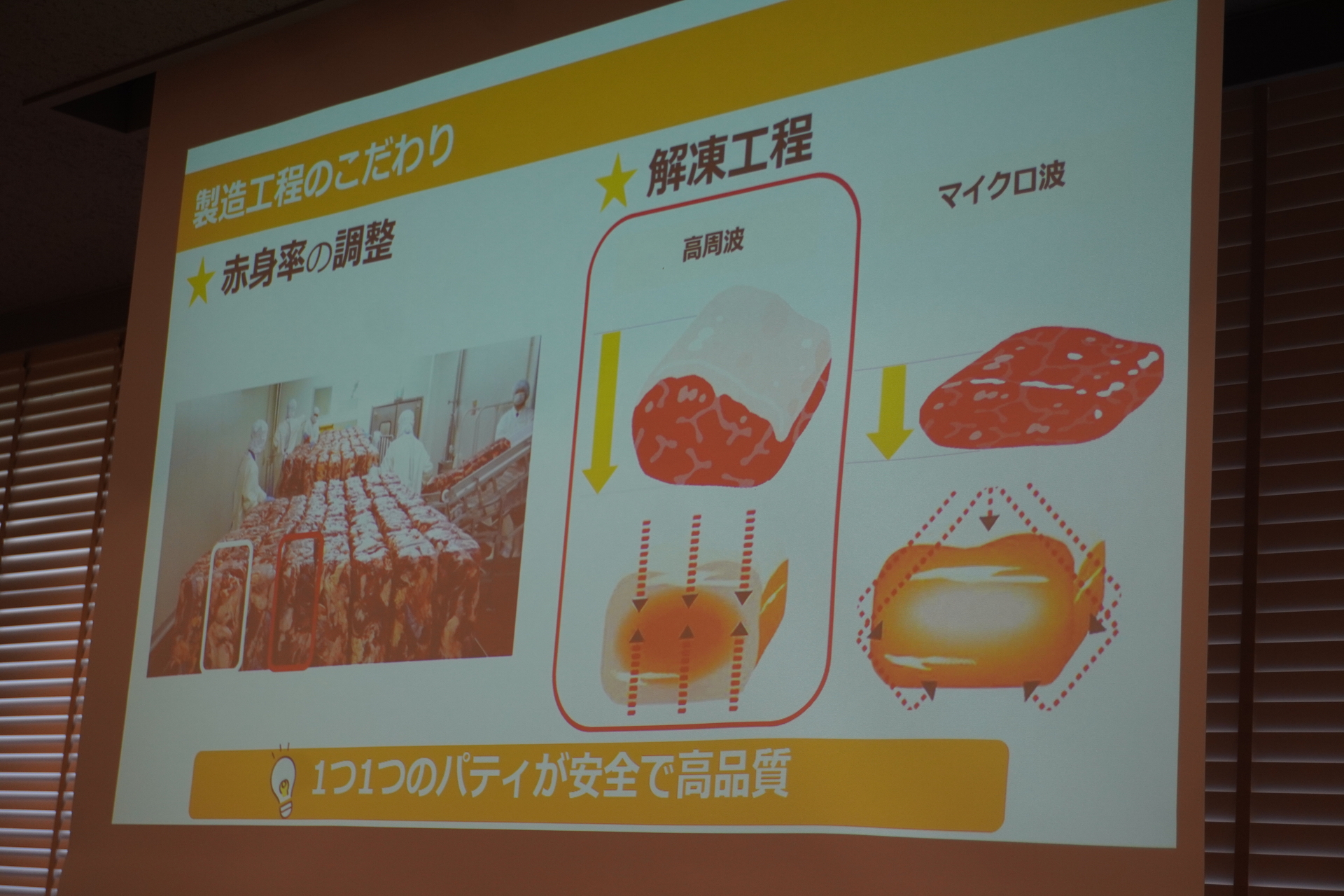 赤身率の調整と解凍工程にこだわり、1つひとつのパティが安全で高品質を実現