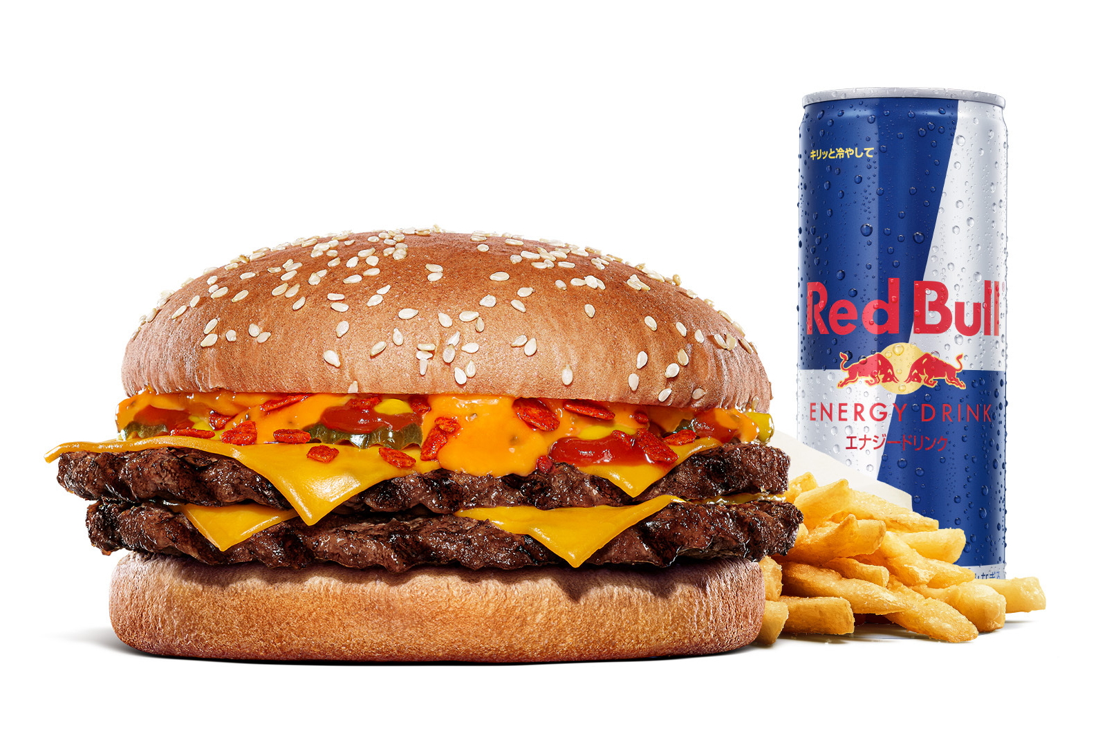 「ダブルスパイシーにんにく・ガーリックバーガー レッドブルセット」（1630円）