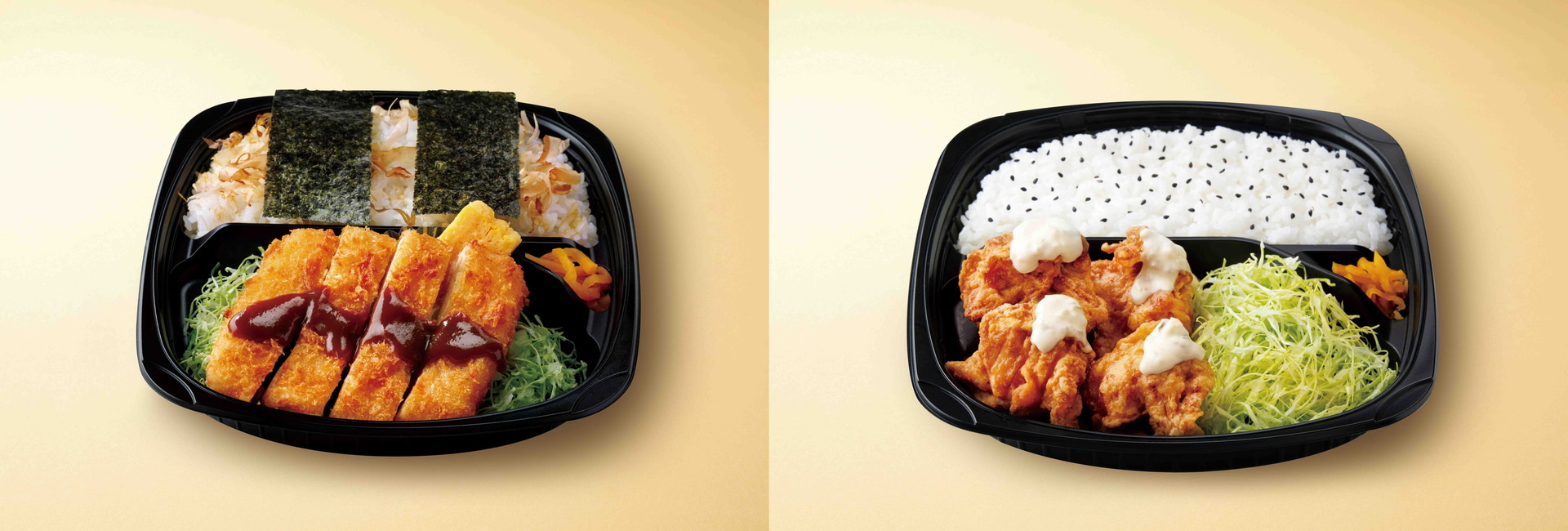 「チーズチキンカツのり弁当」（518円→430円）/「若鶏のこだわり唐揚げ弁当」（538円→430円）