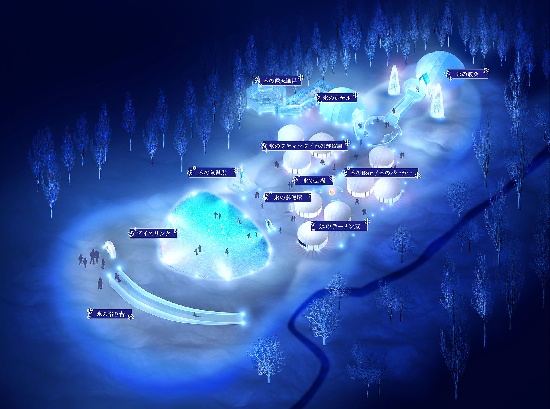 アイスヴィレッジのマップ。広大な3.2haの敷地内にはさまざまな施設が並ぶ