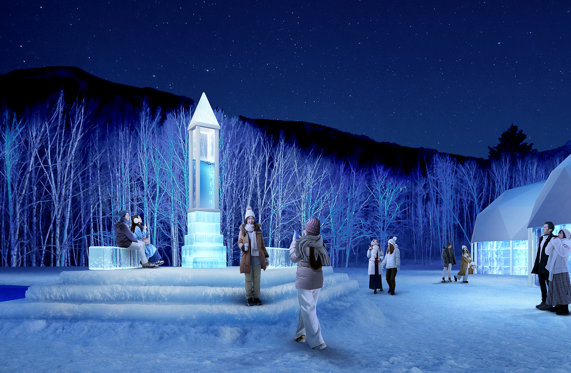 新たなシンボルとして登場した「氷の気温塔」は記念撮影の場としても使える