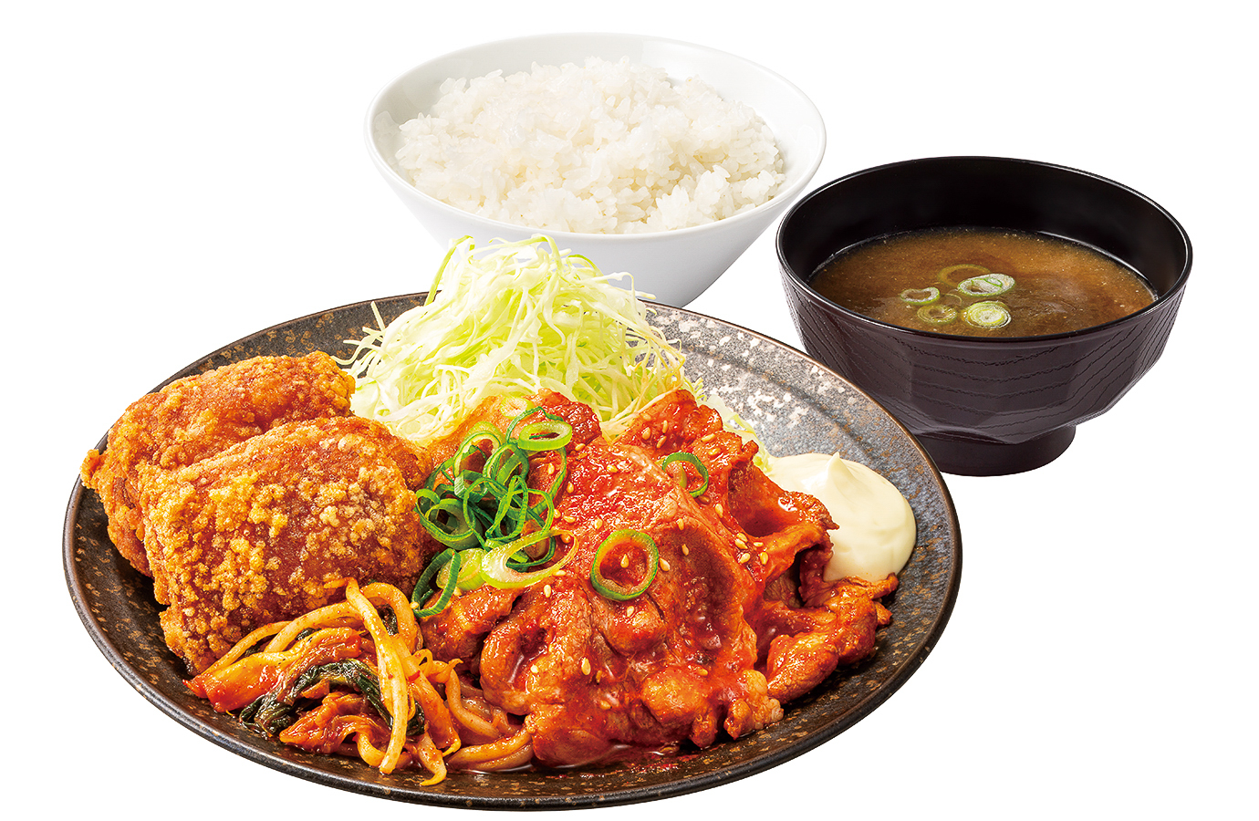 「旨辛ガーリックからあげと豚キムチ定食」（979円）