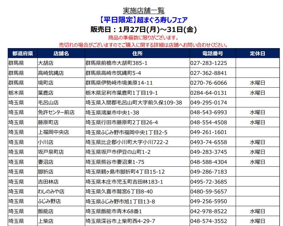 群馬県/栃木県/埼玉県