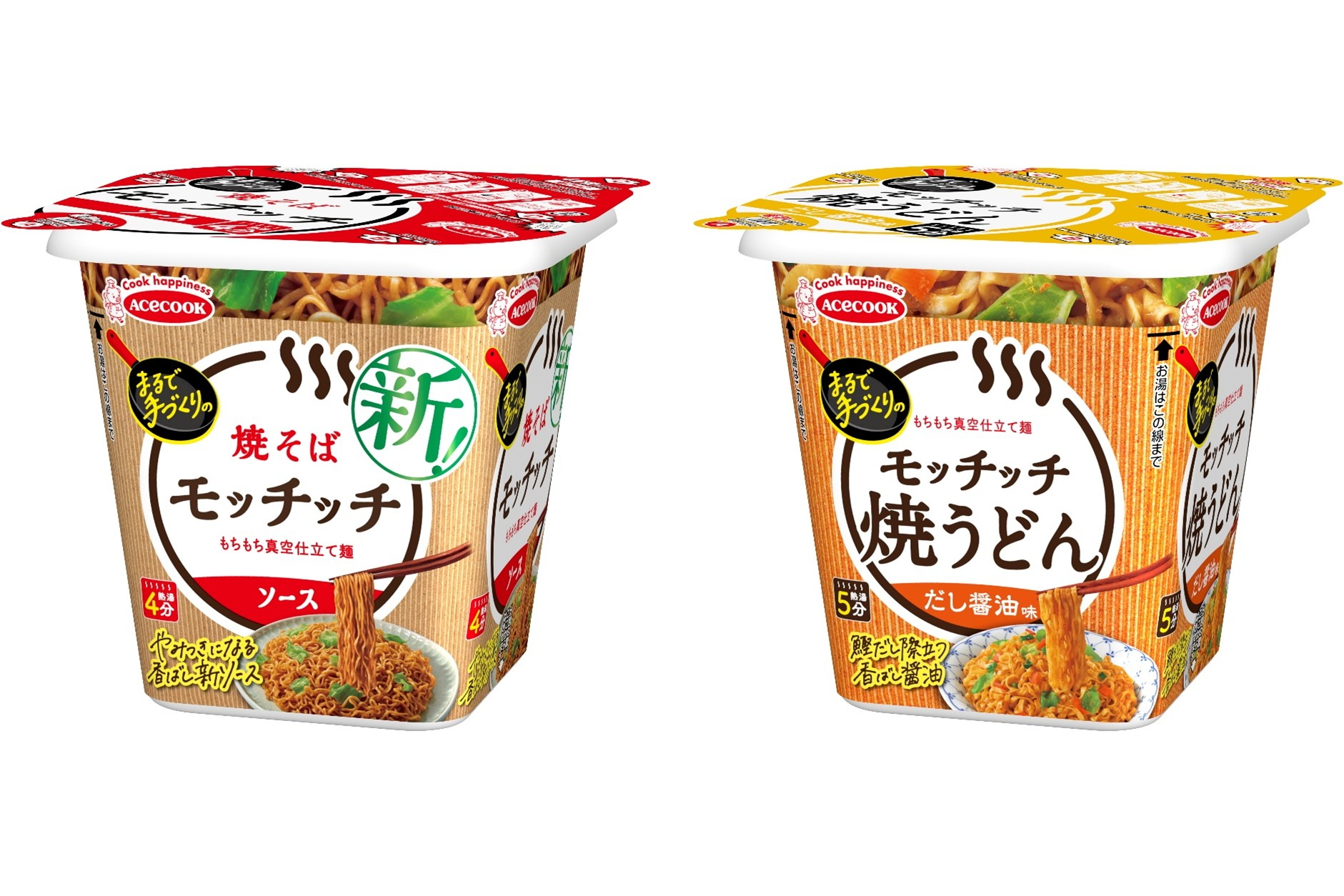 エースコック「焼そばモッチッチ」「焼うどんモッチッチ だし醬油味」リニューアル