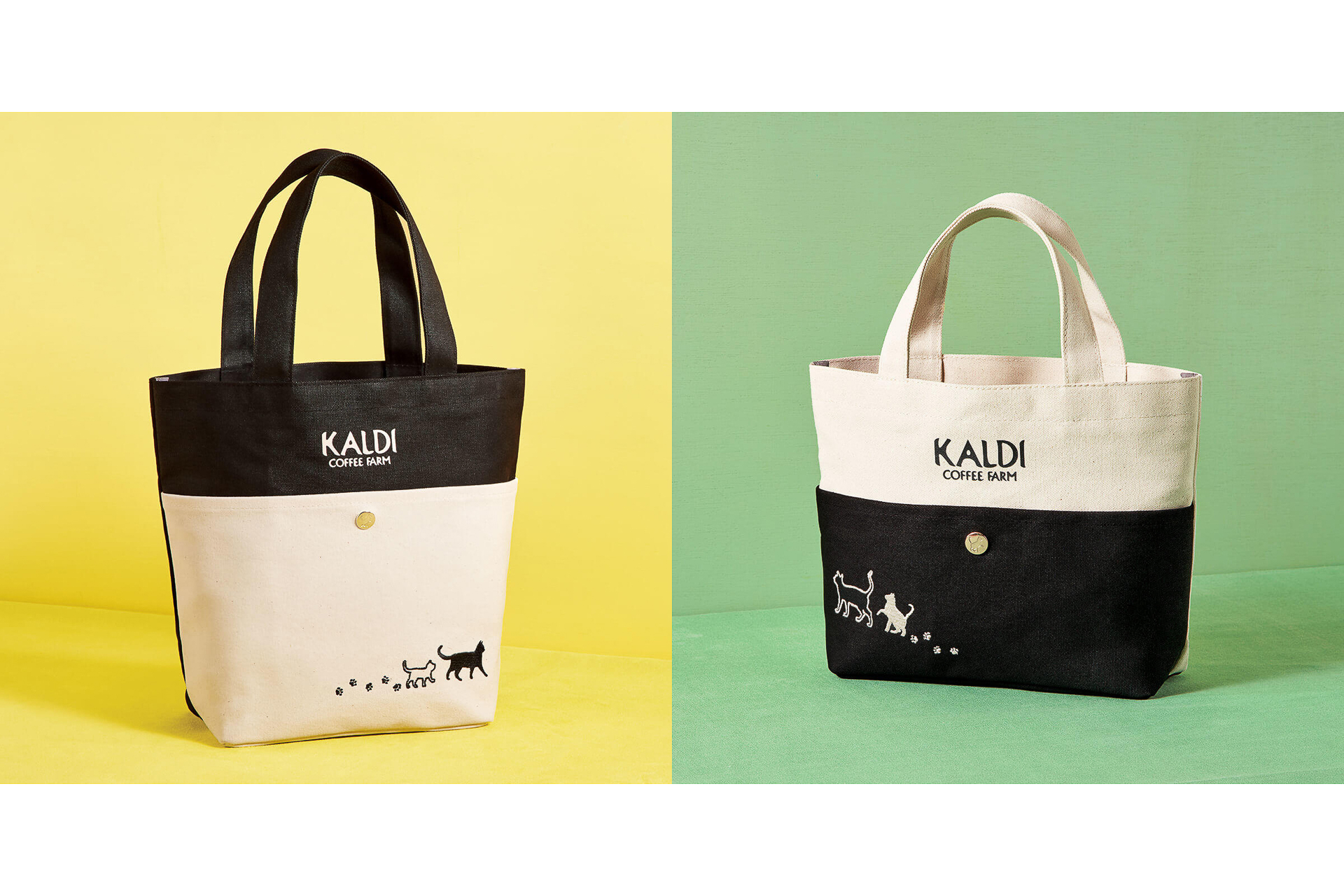 カルディコーヒーファーム「ネコの日バッグ」（右）と「ネコの日バッグ プレミアム」（左）