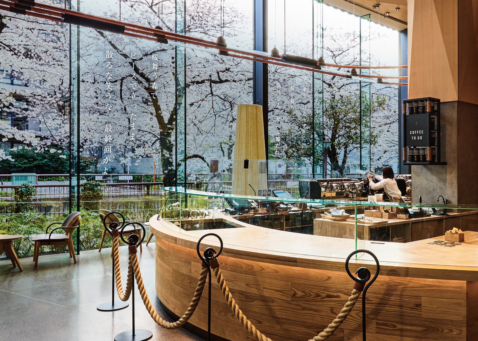 目黒川側の窓ガラスに桜並木に溶け込むように短歌を添えた