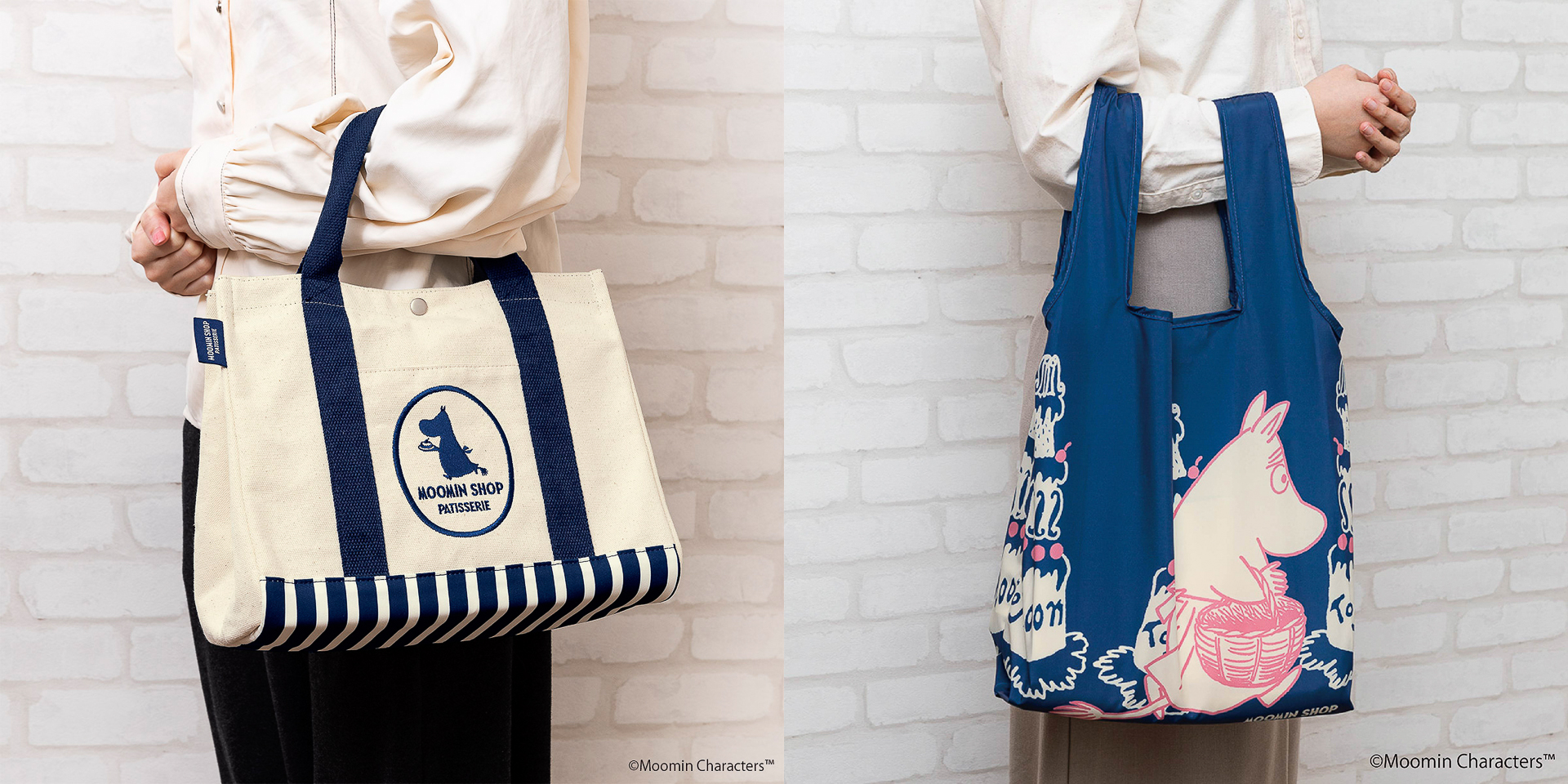 「ムーミンショップ パティスリー トートバッグ」（左）と「ムーミンショップ パティスリー エコバッグ」（右）