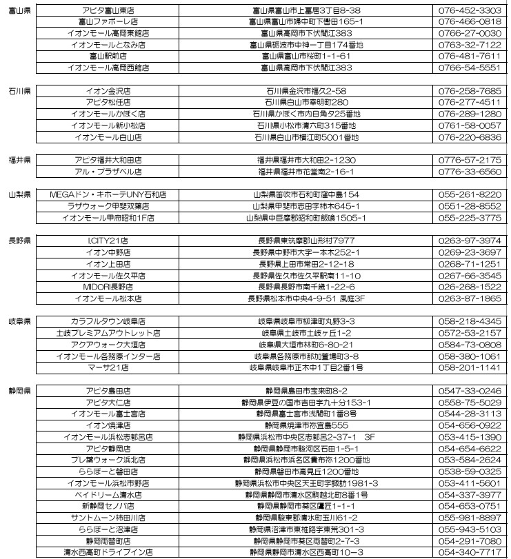 富山県/石川県/福井県/山梨県/長野県/岐阜県