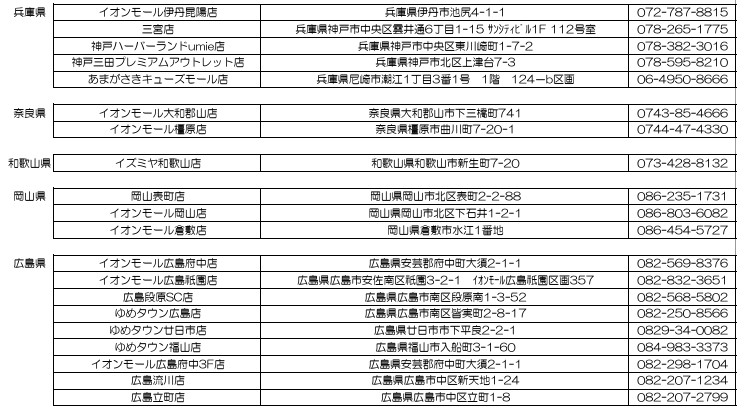 兵庫県/奈良県/和歌山県/岡山県/広島県