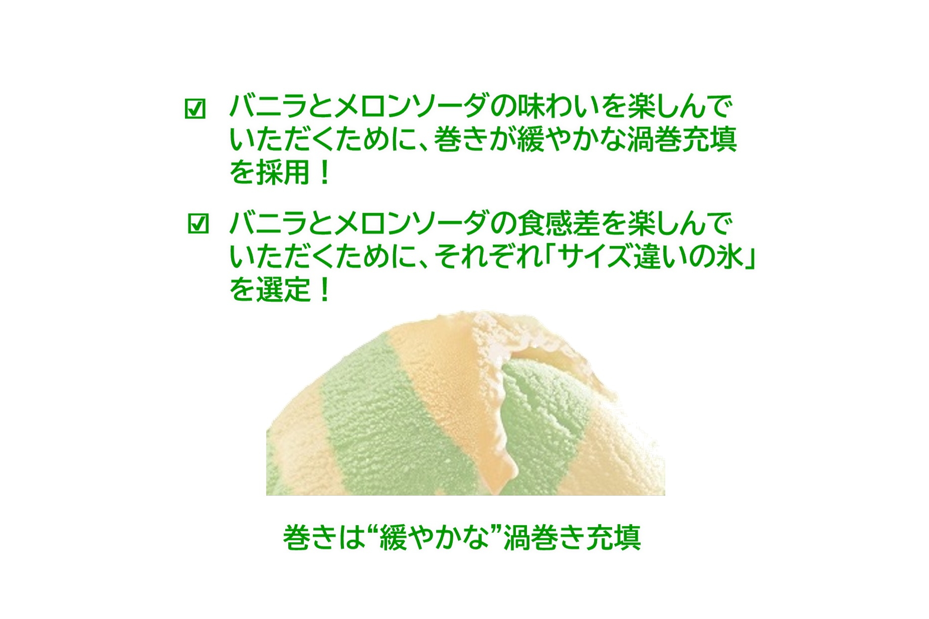 氷のサイズを変えることによるバニラとメロンソーダの異なる食感と、渦巻き充填による絡み合う味わいが特徴。