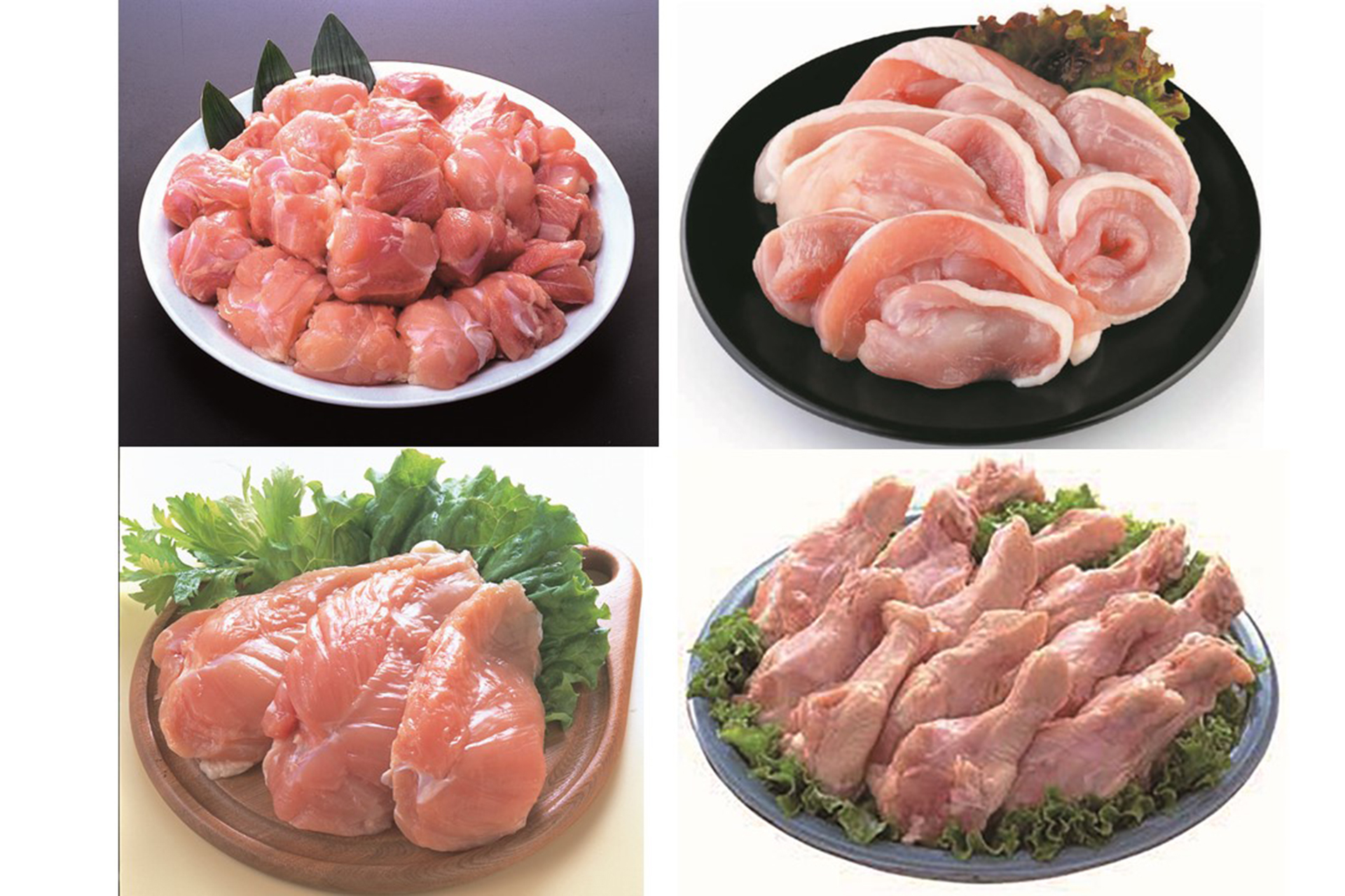 純輝鶏 もも肉角切り（左上）、もも肉スライス（右上）、むね肉（左下）、手羽もと（右下）