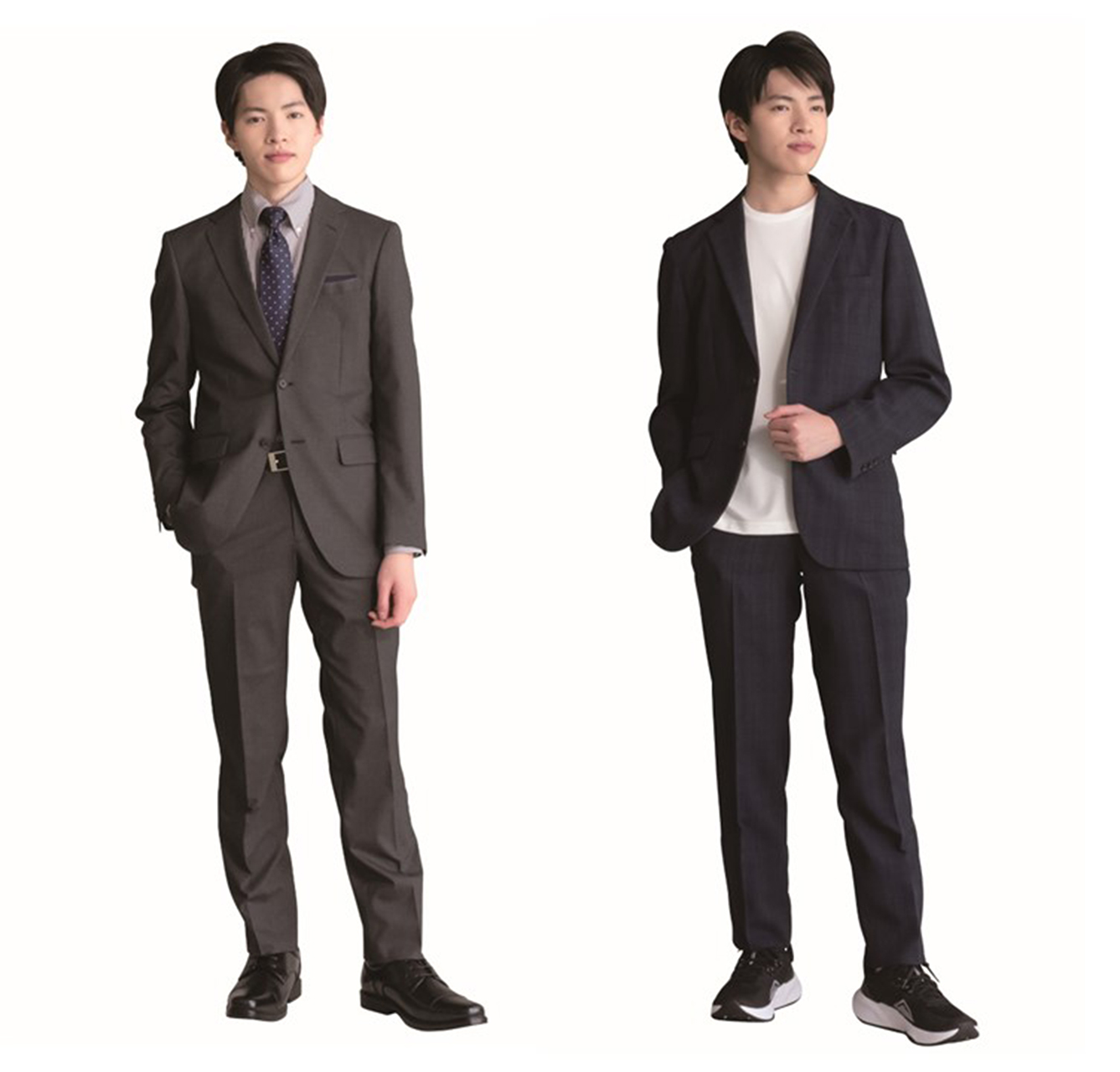 トップバリュ マジ楽洗えるスーパーストレッチスリムスーツ（左）、ウールライクセットアップ（右）