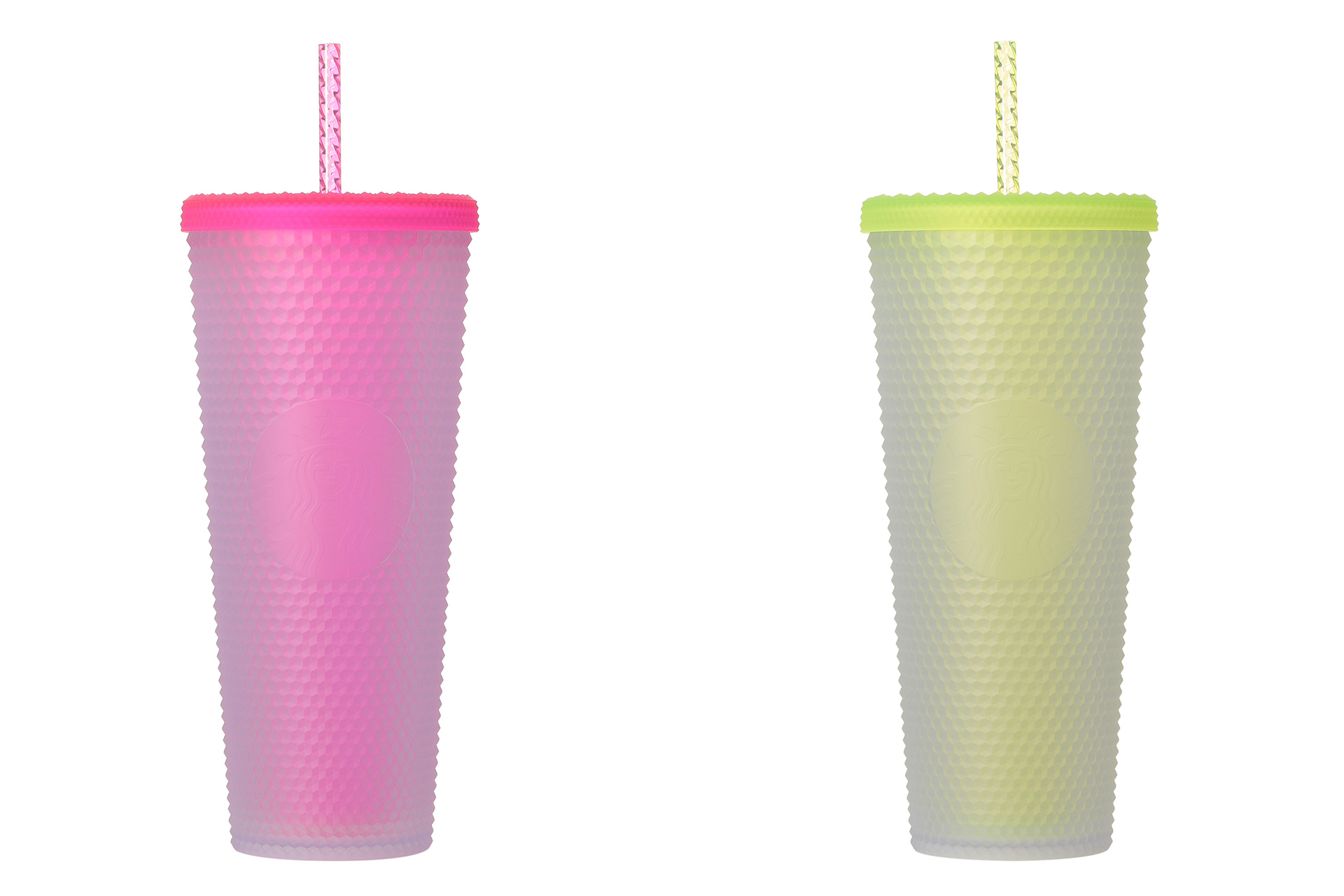ロゴコールドカップタンブラー ネオンピンク（左）、ネオンイエロー（右）
