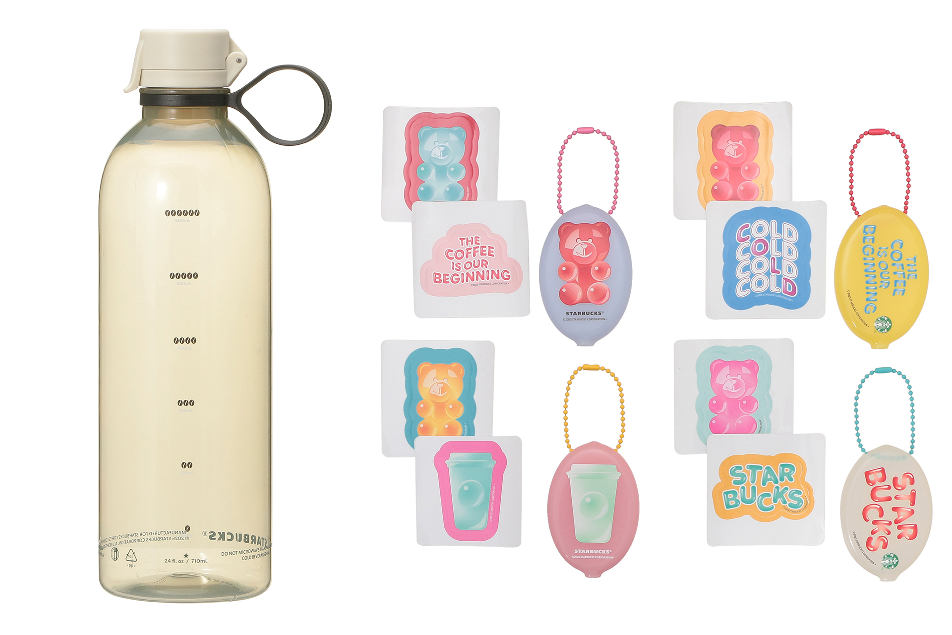 ジョイパックウォーターボトル ベージュ（左）、コインケースとステッカー（右）